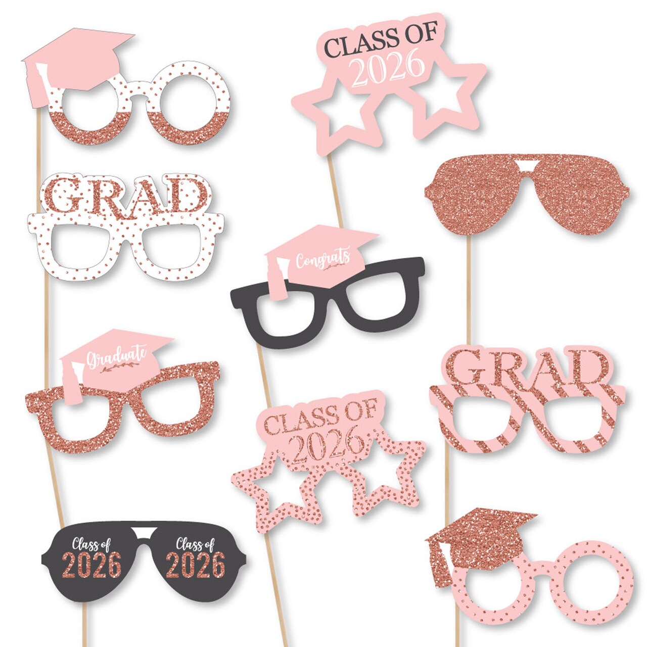 Big Dot of Happiness Rose Gold Grad Glasses - 2026 Paper Card Stock Graduation Party Photo Booth Props Kit - 10 Count